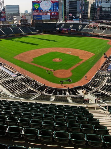 A view from the press box of SunTrust Park, the Atlanta Braves' new baseball stadium.