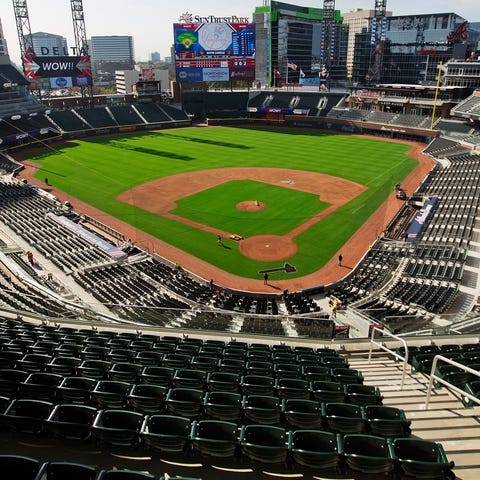 A view from the press box of SunTrust Park, the...