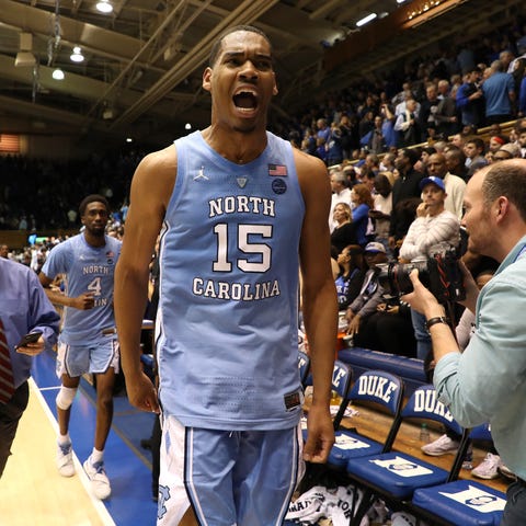 North Carolina's Garrison Brooks reacts after the...
