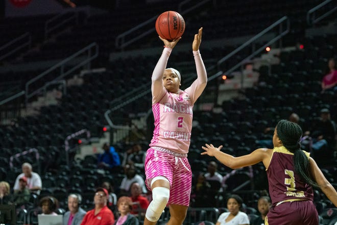 UL's Brandi Williams shoots to score as the Ragin' Cajuns take on the Texas State Bobcats at the Cajundome on February 23, 2019.