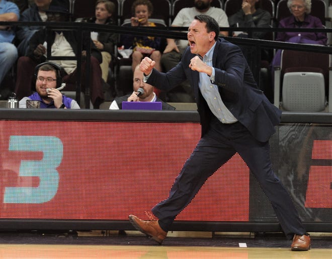 Joe Golding reacts after Payten Ricks hit a 3-point goal to pull ACU within seven (51-44) with 13:33 to play after trailing by 16 to Southeastern Louisiana. The Lions held on to beat ACU 75-66 in the Southland Conference game Saturday, Feb. 23, 2019 at Moody Coliseum.