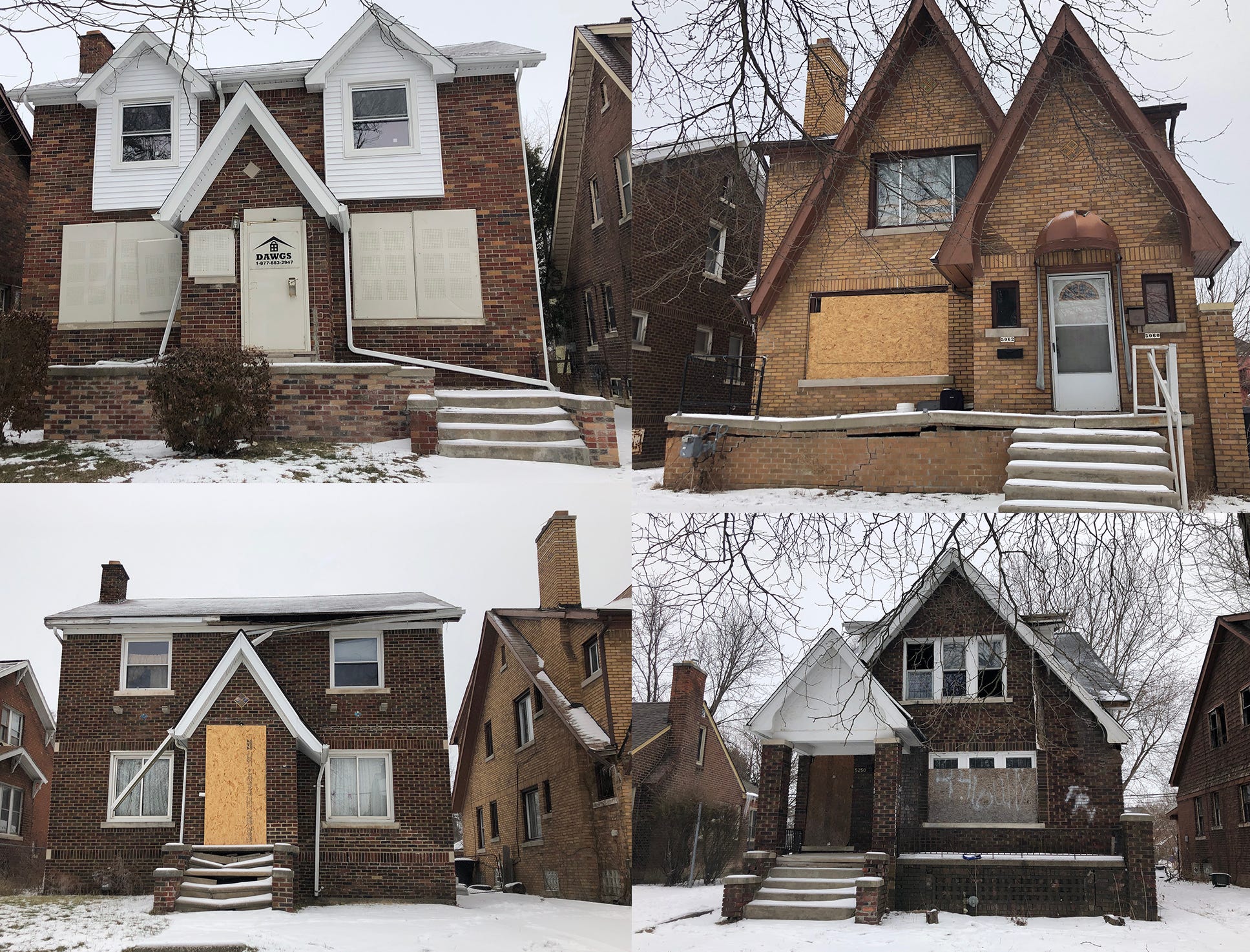 Four properties on Lakeview Street in Detroit on February 20, 2019. The houses were purchased by Team Cares from the Wayne County Land Bank during the 2017 pilot year of what would become the Action Before Auction program. The homes were purchased by Team Cares in a bundle for $28,998. Two had been occupied at the time of the purchase; they are all now empty and in various states of disrepair.