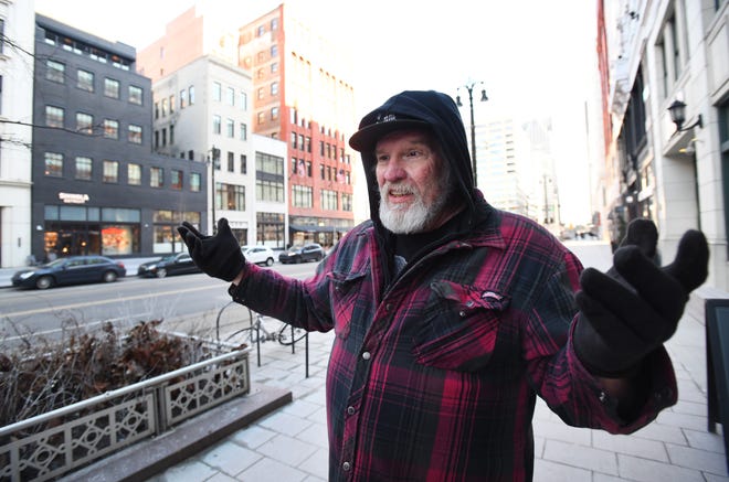 Jim Karaszewski, 66, of Detroit gives his thoughts on the Shinola comments on the Oscars last night across the street from the Shinola store and hotel on February 25, 2019.