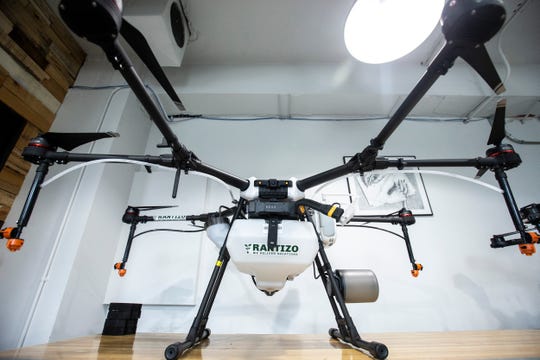 A DJI outfitted Rantizo drone sits in a back room on Monday, Feb. 25, 2019 at Rantizo's offices in Iowa City, Iowa. Rantizo is a targeted drone sprayer company.