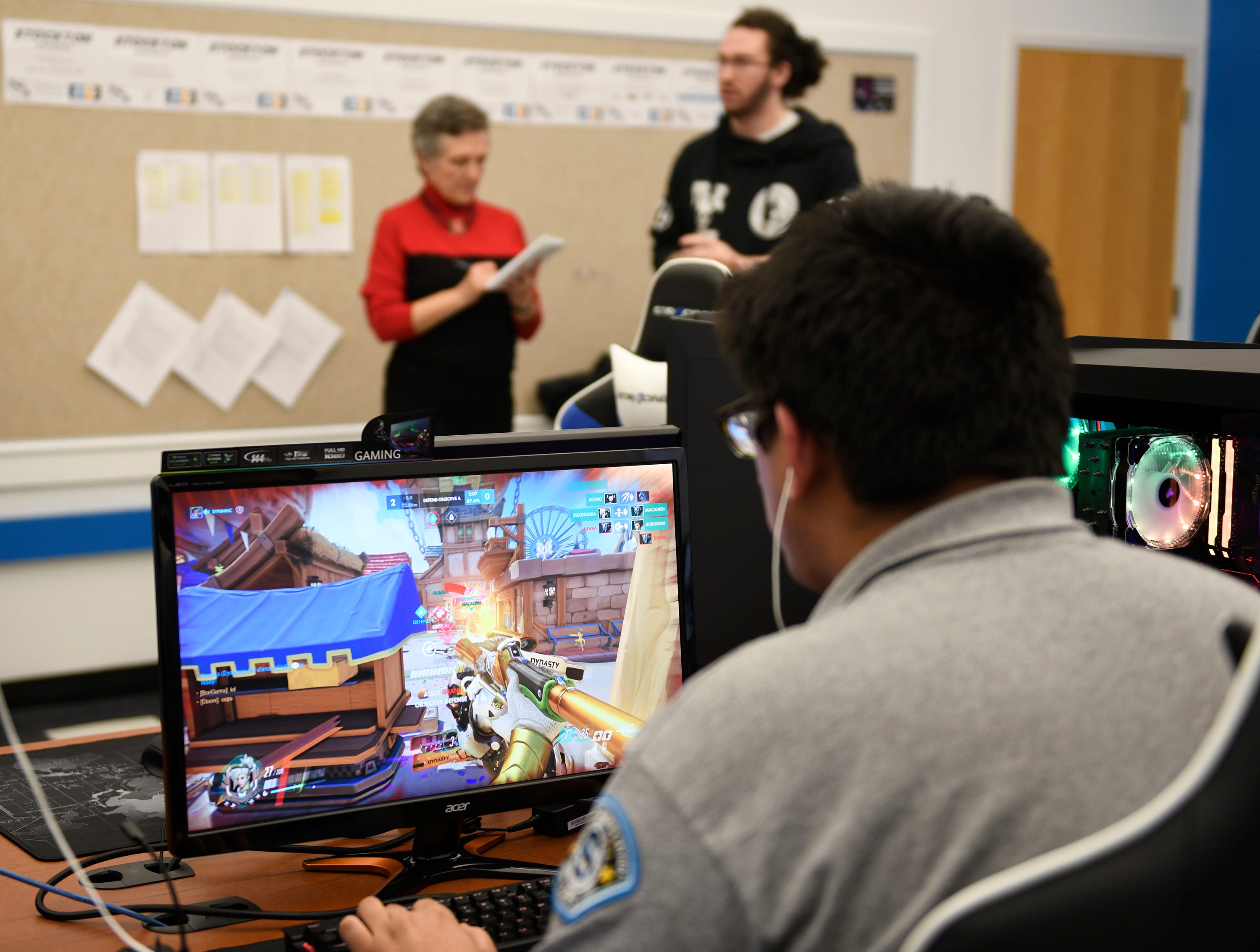 Stockton students hone their gaming skills in the university's new Esports facility on Tuesday, Feb. 26, 2019. The new room boasts 15 state-of-the-art machines designed for competitive teams to play Fortnite, Overwatch, League of Legends, and Smash Brothers Ultimate as part of the Eastern College Athletic Conference.