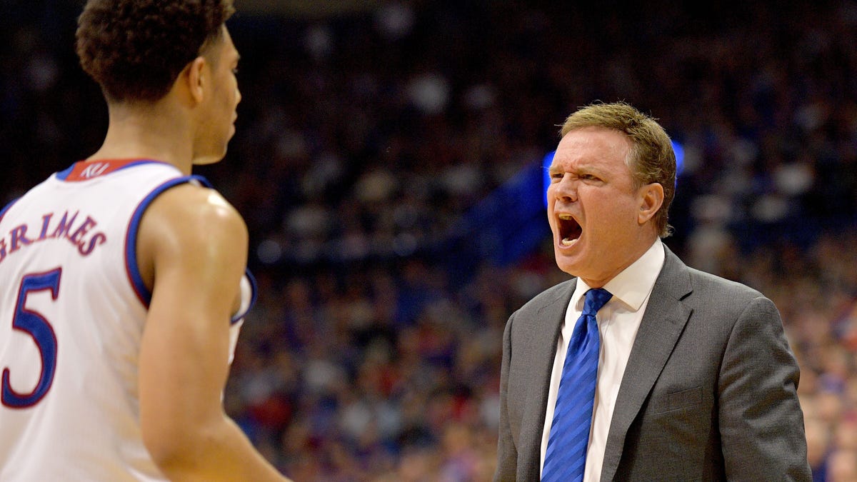 Kansas Jayhawks head coach Bill Self talks with guard Quentin Grimes (5) during the second half against the Kansas State Wildcats at Allen Fieldhouse.