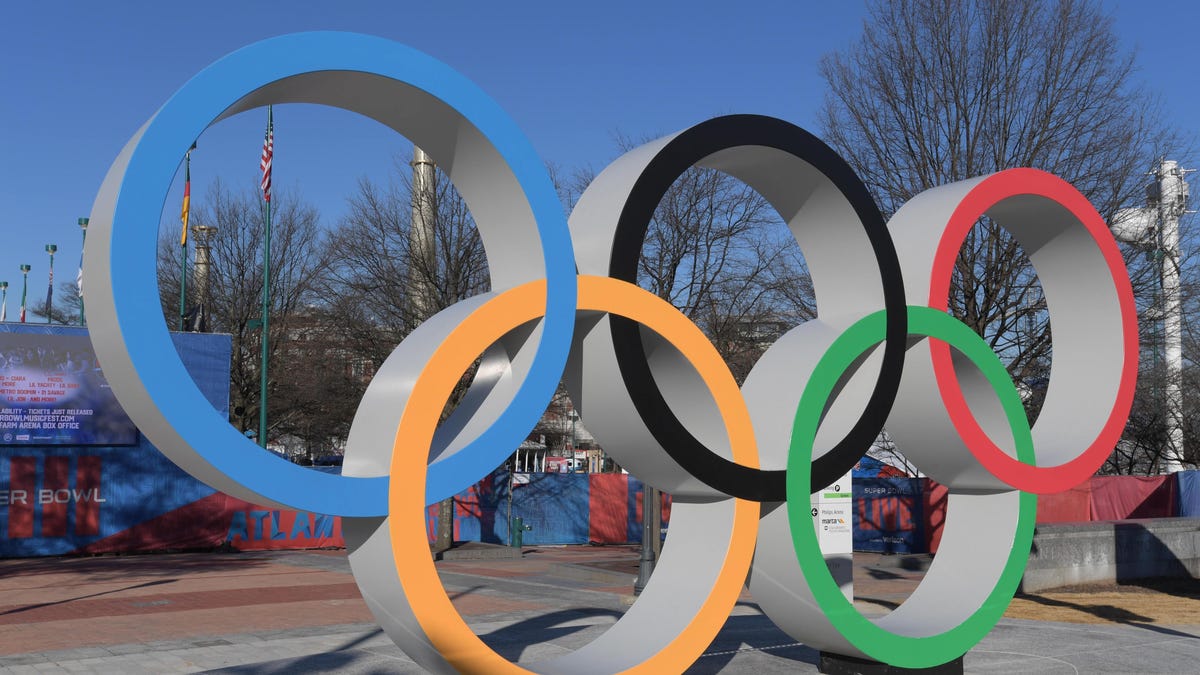 The 1996 Olympic rings at Centennial Olympic Park in Atlanta.