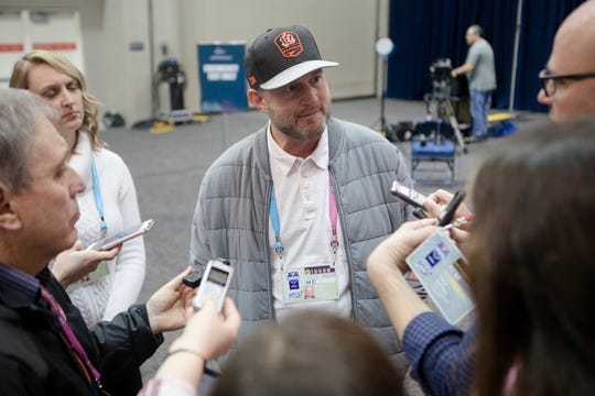 Bengals director of player personnel Duke Tobin speaks to the media during the NFL Combine in Indianapolis, Ind., on Wednesday, Feb. 27, 2019. 
