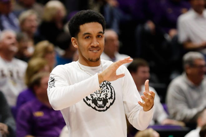 Feb 26, 2019; Baton Rouge, LA, USA;  LSU Tigers guard Tremont Waters (3) reacts to a play against Texas A&M Aggies in the second half at Maravich Assembly Center. Mandatory Credit: Stephen Lew-USA TODAY Sports
