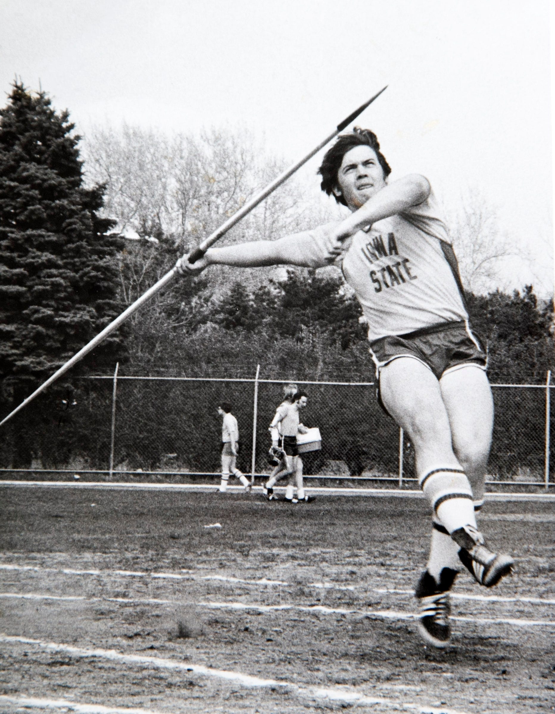Michael Crow throwing the javelin at Iowa State in Ames, Iowa, in 1976.