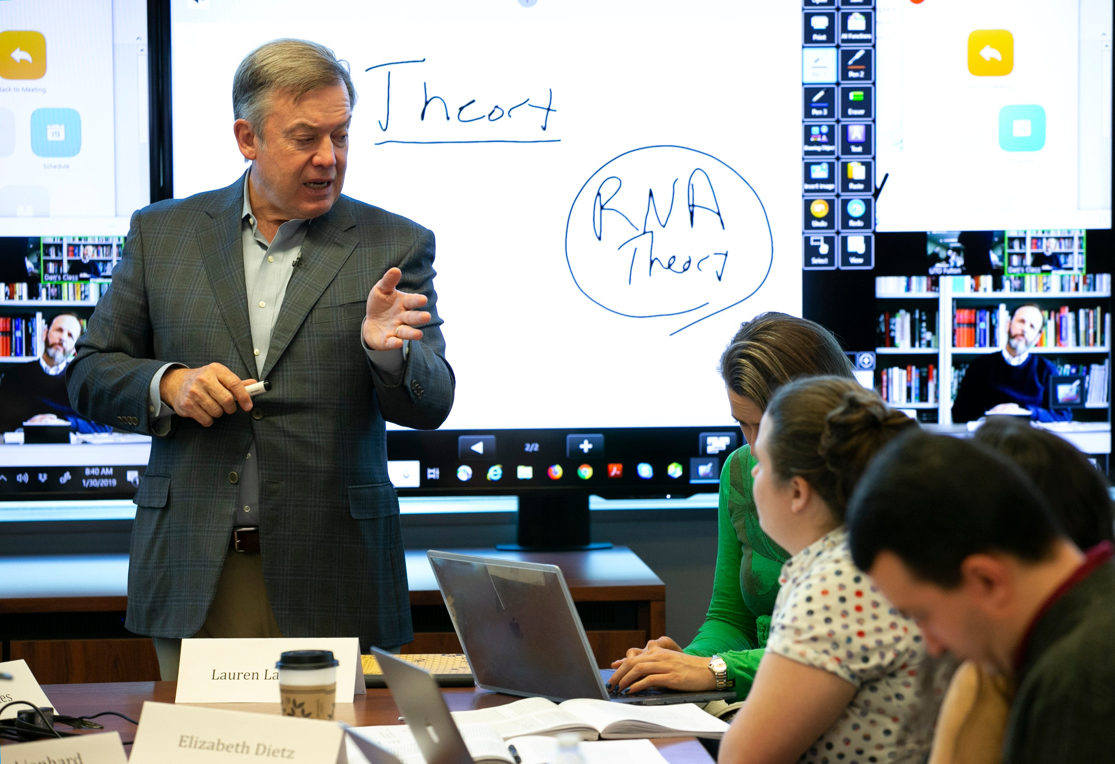 ASU President Michael Crow smiles while co-teaching the multi-disciplinary Science, Technology and Public Affairs class at the Fulton Center on Jan. 30, 2019.