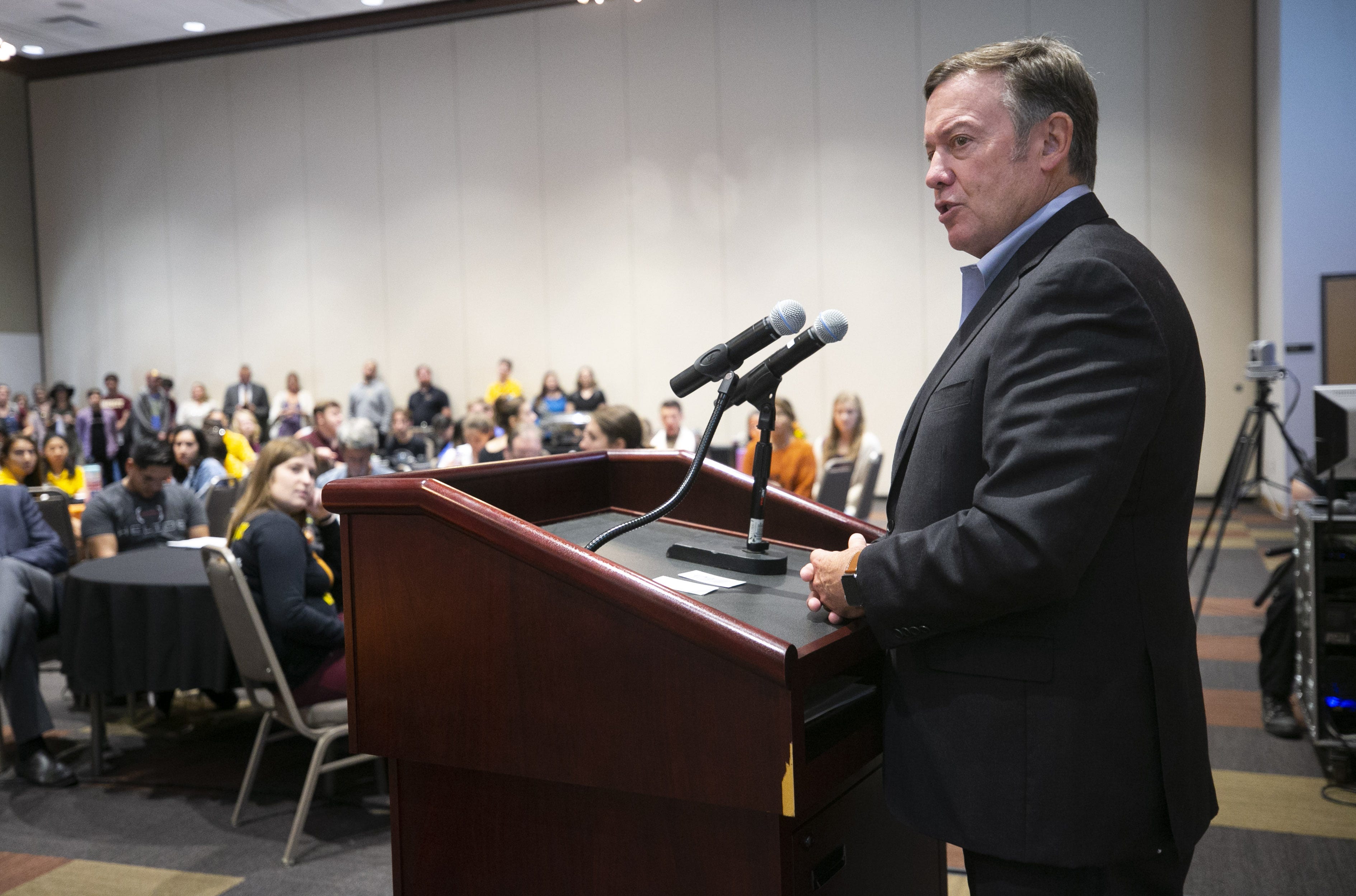 ASU President Michael Crow speaks during a student forum at the ASU Polytechnic campus on Oct. 31, 2018.