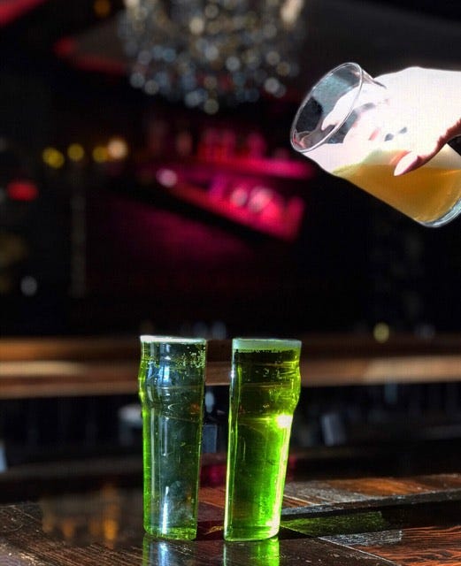 Half pints of beer with green dye at Saints & Scholars in Yonkers.