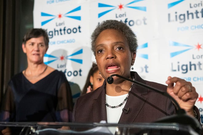 Chicago Mayoral candidate Lori Lightfoot addresses the crowd at her election night party as she leads in the polls on Feb. 26, 2019, in Chicago. Lightfoot, a federal prosecutor running as an outsider, advanced Tuesday to a runoff for Chicago mayor, a transitional election for a lakefront metropolis still struggling to shed its reputation for corruption, police brutality and street violence.