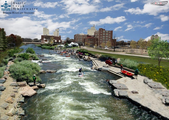 This rendering from Battle Creek Whitewater, Inc. shows what a naturalized stretch of the Kalamazoo River might look like through downtown Battle Creek. On Friday, the approved state budget included $13 million appropriated to Battle Creek Unlimited for the river naturalization project.