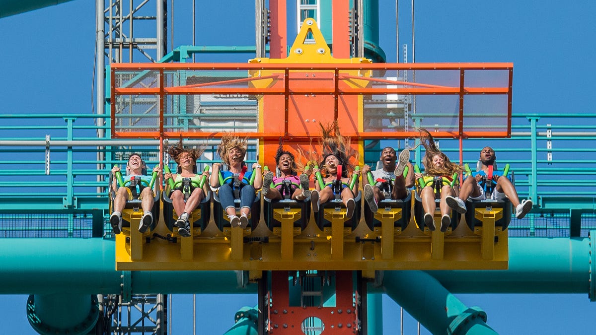 But Zumanjaro: Drop of Doom takes its poky time as it climbs its 456-foot tower. Business picks up considerably on the freefall down when the drop tower's riders hit 90 mph.