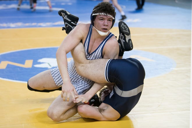 St. Augustine Prep's Mike Misita, left, defeated Howell's Christian Murphy, 3-0, during a 182 lb. pre-quarterfinal round bout of the 2019 NJSIAA State Wrestling Championships tournament held at Boardwalk Hall in Atlantic City on Thursday, February 28, 2019.