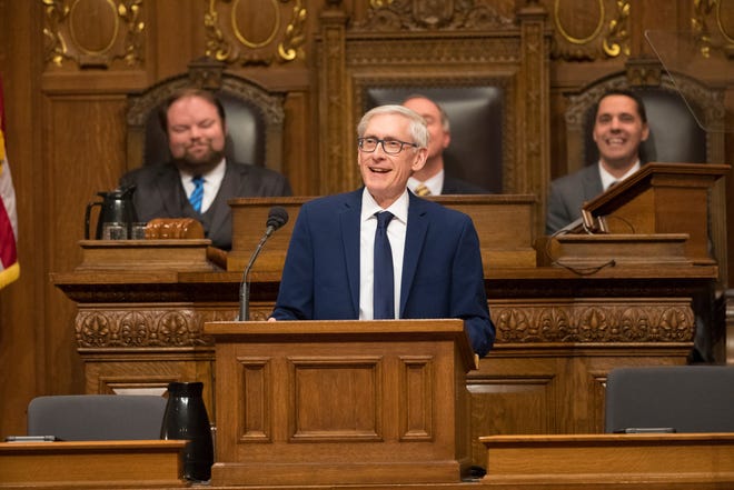 Gov. Tony Evers delivers his budget address to a joint session of the legislature at the Capitol in Madison.
