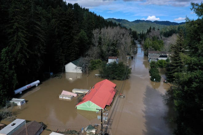 An aerial view of a flooded neighborhood on Feb. 28, 2019 in Guerneville, Calif. The Russian River has crested over flood stage and is now receding after floodwaters inundate the town of Guerneville.