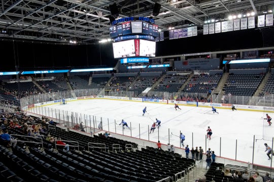 The Evansville Thunderbolts take on the Quad City Storm earlier this season in a mostly empty Ford Center.