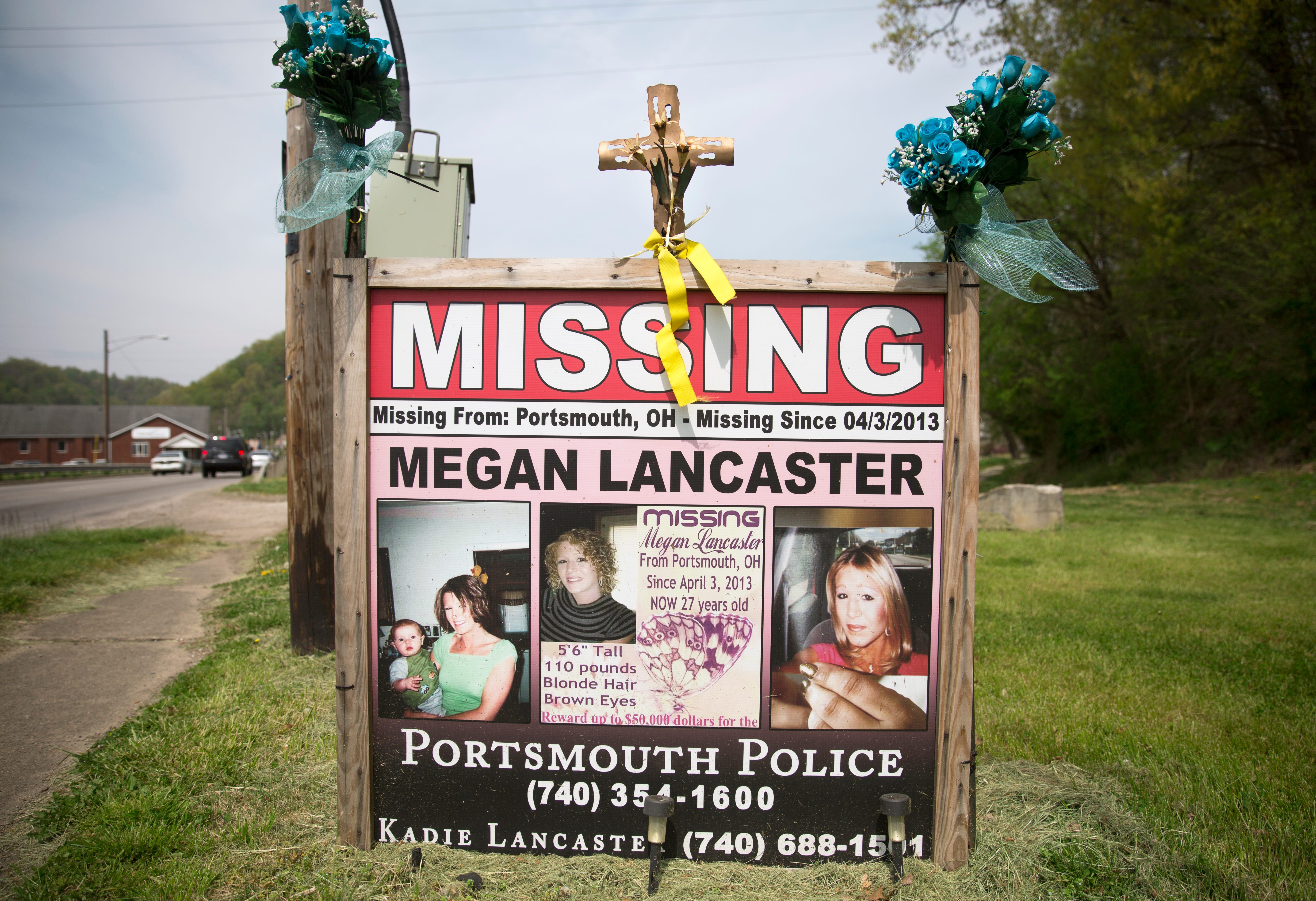 Megan Lancaster was 24 when she went missing in Portsmouth in 2013 and she's never been found. She battled addiction and was an admitted prostitute. Signs like this one remind the community of the missing woman.