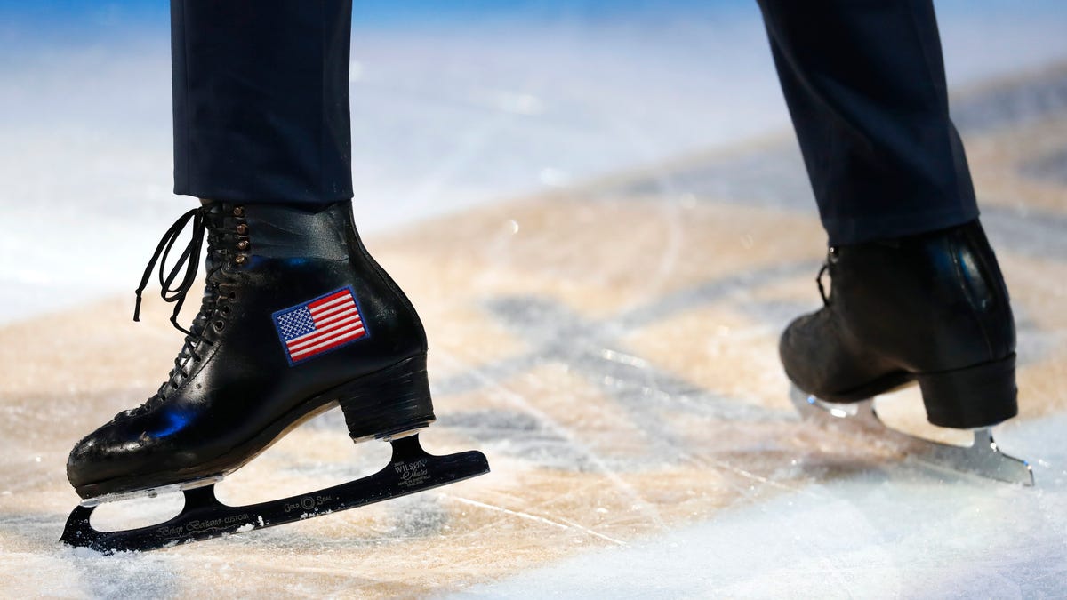 Ice skates with an American flag are shown during a skating exhibition after the U.S. Figure Skating Championships on Jan. 27, 2019.