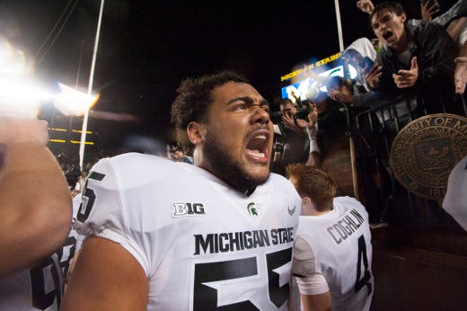 RIGHT TACKLE: Jordan Reid – The Spartans’ most consistent performer up front last season, Reid was the only player to start all 13 games at the same position. He can play inside as well, but appears to have the tackle spot locked down.