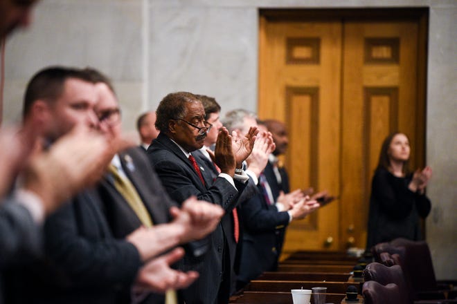 Lawmakers applaud Gov. Bill Lee during his first State of the State address before a joint session of the Tennessee General Assembly inside the House chambers at the state Capitol in Nashville on Monday, March 4, 2019. 