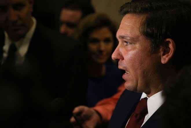 Gov. Ron DeSantis speaks to the press after giving his State of the State address during the opening day of session for the Florida Legislature Tuesday, March 5, 2019. 