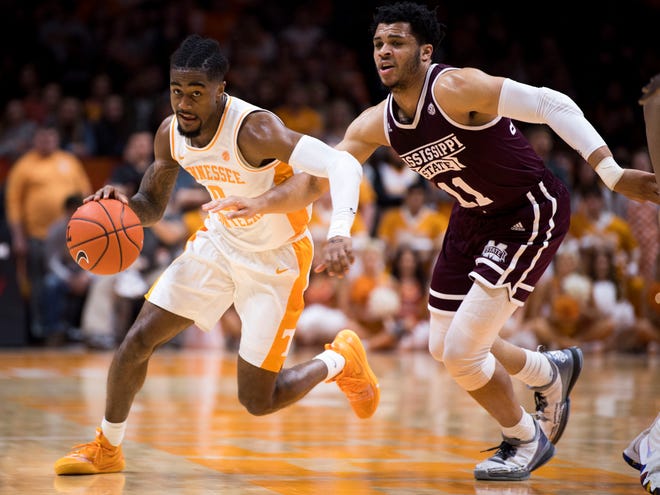 Tennessee guard Jordan Bone (0) drives down court during Tennessee's home finale against Mississippi State at Thompson-Boling Arena in Knoxville on Tuesday, March 5, 2019.
