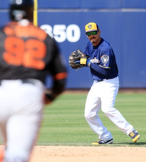 Tyler Saladino has started three games at short, one at second base, one at first base and made his outfield debut Tuesday in Brewers camp.
