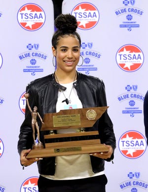 Class AAA Miss Basketball Finalist Madison Hayes, East Hamilton -- Madison Hayes of East Hamilton High School is presented the Class AAA Miss Basketball trophy, on Tuesday, March 5, 2019, at Murphy Center in Murfreesboro, Tenn.