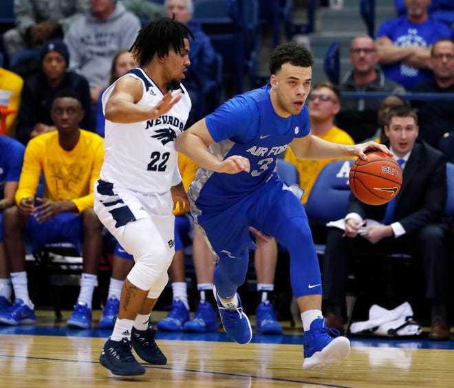 Air Force's Sid Tomes, right, dribbles against Nevada guard Jazz Johnson during Tuesday's game. Johnson went on to lead the Wolf Pack with 27 points