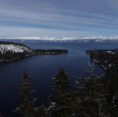 A still from drone footage above Lake Tahoe's...
