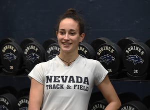 Nevada high jumper Nicola Ader poses for a photo in the Nevada weight room on March 5.