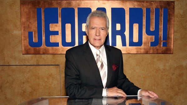 Host Alex Trebek poses on the set at Sony...