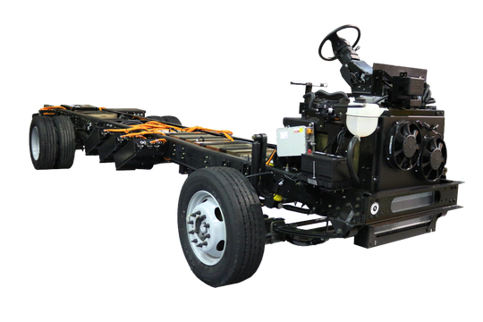 Detroit Custom Chassis installs powertrains and controls from Motiv Power Systems in Ford F-59 truck frames for electric commercial vehicles.