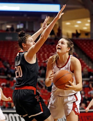 Oklahoma's Mandy Simpson, right, looks for a shot as Texas Tech's Brittany Brewer (20) defends during the second half on Tuesday, March 5, 2019, in Lubbock.
