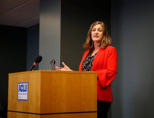Rita Bettis Austen, legal director of the ACLU of Iowa, speaks about the court ruling that struck down the Iowa Department of Human Services categorical ban on gender-affirming transgender care on Friday, March 8, 2019, in Des Moines.
