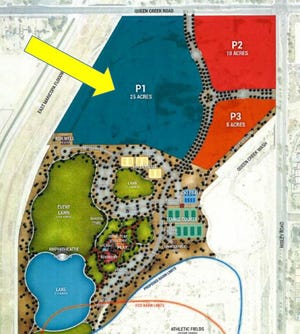 The arrow in this rendering of Gilbert Regional Park points at the 25 acres for The Strand @ Gilbert, a water park set to open in summer 2020.