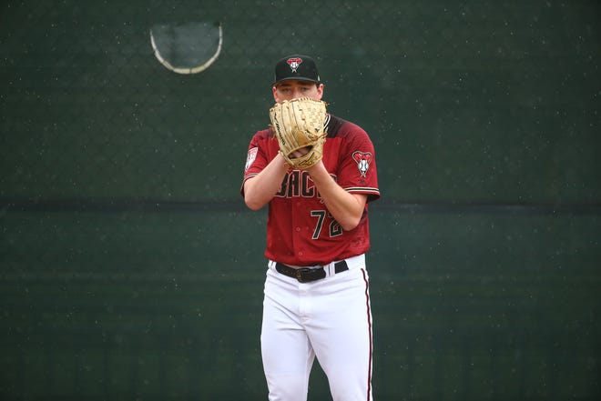 Diamondbacks pitcher Taylor Clarke gets set to throw during a spring training workout on Feb. 14 at Salt River Fields.