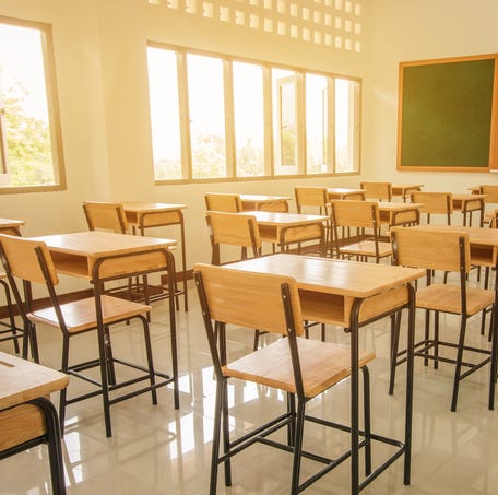 Lecture room or School empty classroom with desks and chair iron wood for studying lessons in high school thailand, interior of secondary education, with whiteboard, vintage tone educational concept