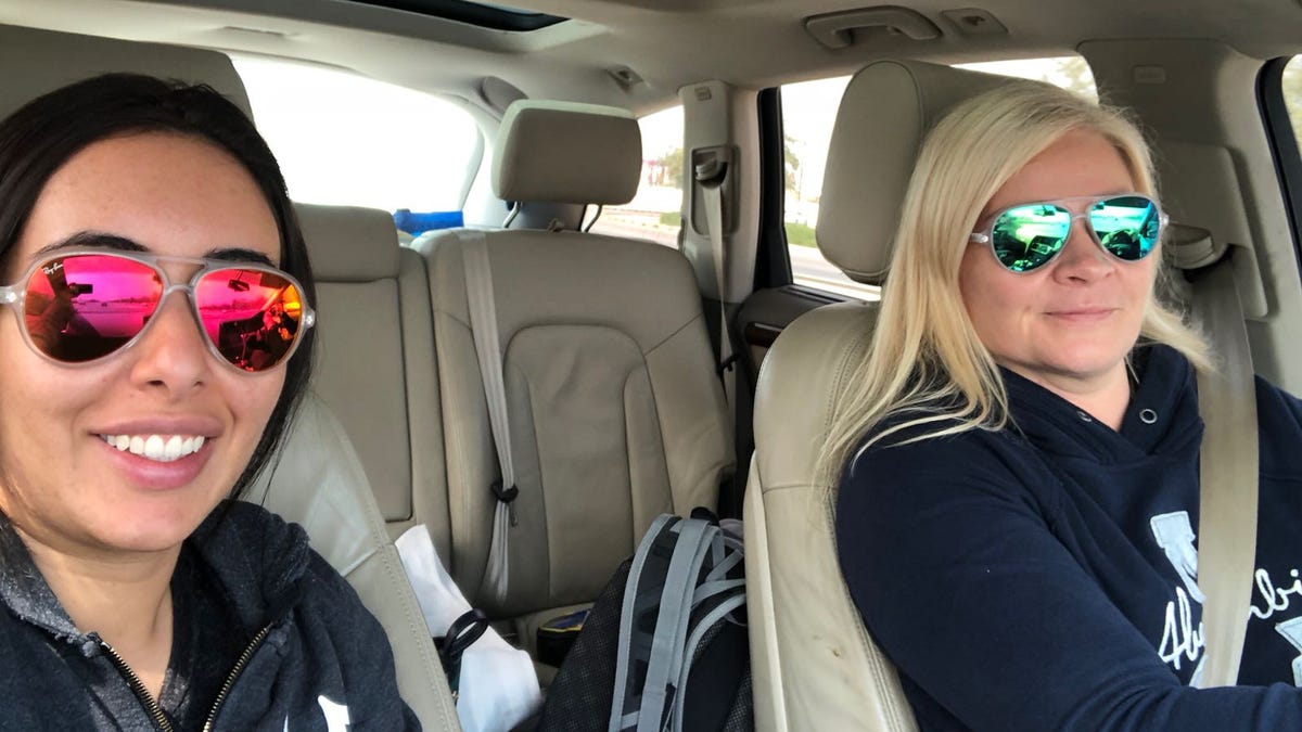 Princess Latifa, left, and Tiina Jauhiainen appear in a selfie while driving in Oman.