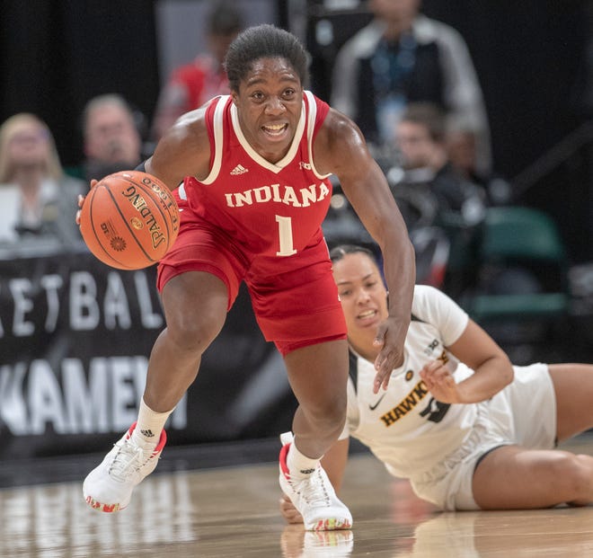 Bendu Yeaney of the Indiana Hoosiers comes up with a first half steal, Indiana vs. Iowa, Women's Big Ten Tournament, Bankers Life Fieldhouse, Indianapolis, Friday, March 8, 2019. 