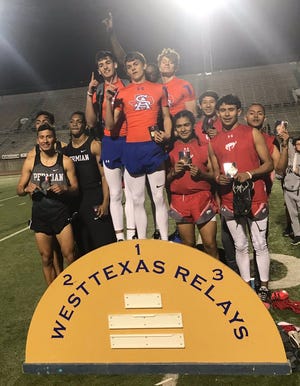 The San Angelo Central boys 4x400 relay accepts its award at the West Texas Relays March 8, 2019, in Odessa. The relay is made up of Logan Counts, Xavior Young, Christian Gabeldon, Tanner Dabbert.