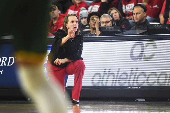 USD's head coach Dawn Plitzuweit during the game against North Dakota State Saturday, March 9, in the Summit League tournament at the Denny Sanford Premier Center in Sioux Falls. 