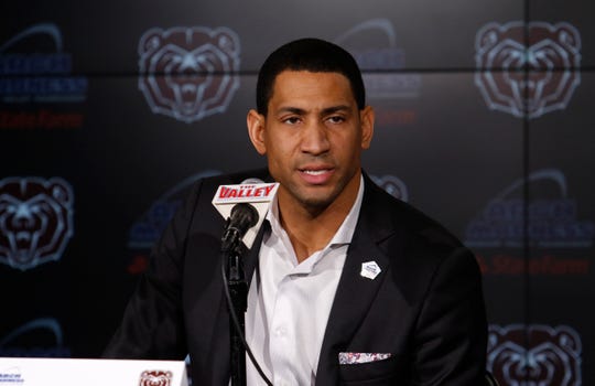 MVC Tournament action of Missouri State v. Bradley, Friday, March 8, 2019, at the Enterprise Center in St. Louis. MSU head coach Dana Ford is shown.