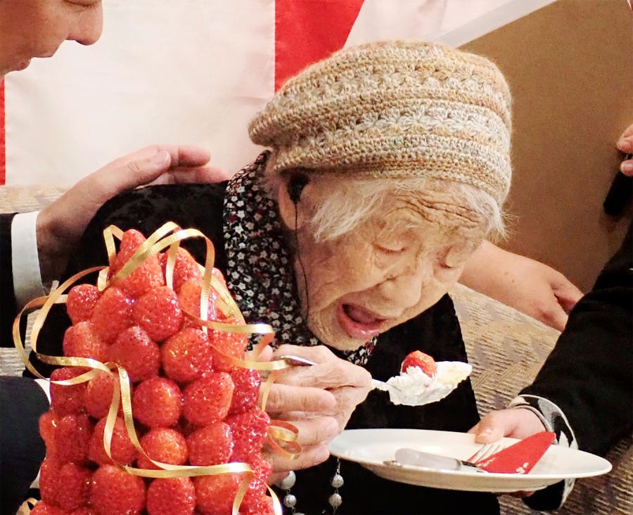 Kane Tanaka, a 116-year-old Japanese woman, celebrates with the official recognition of Guinness World Records' world's oldest verified living person in Fukuoka on March 9, 2019.