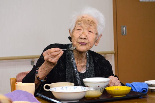 Japan's oldest person Kane Tanaka, 119, has lunch at a nursing home on July 27, 2018 in Fukuoka, Japan.