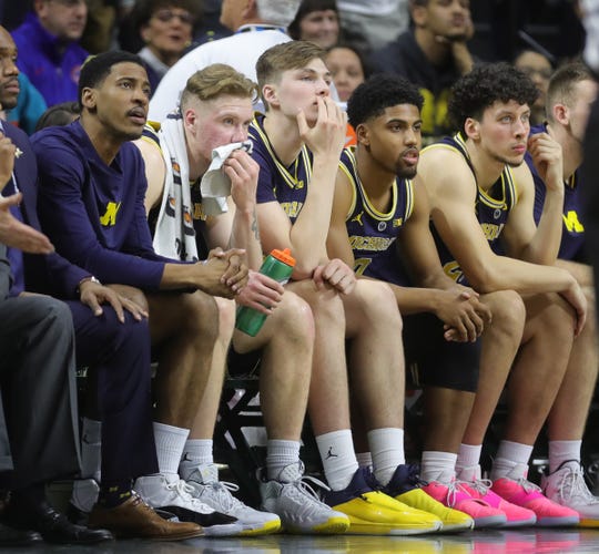 On the Michigan bench, the last seconds are heard Saturday, March 9, 2019 at the Breslin Center in East Lansing, Mich.